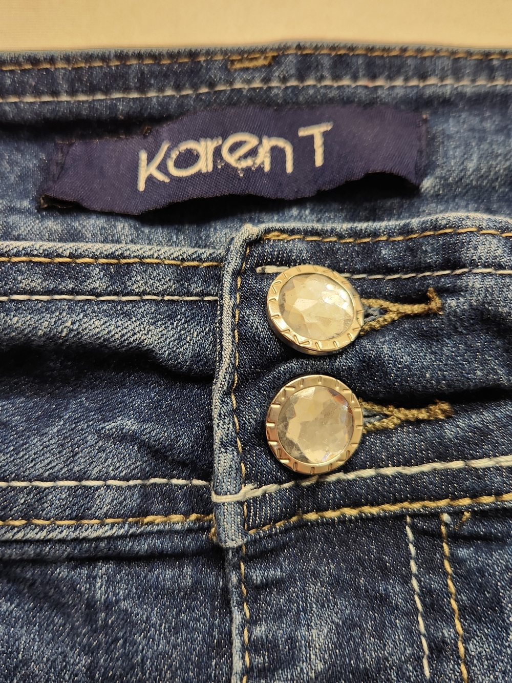 ⭐️Karen T Denim Shorts Size 16 Blue Dark Wash Cuffed Embellished Pockets - Picture 3 of 9